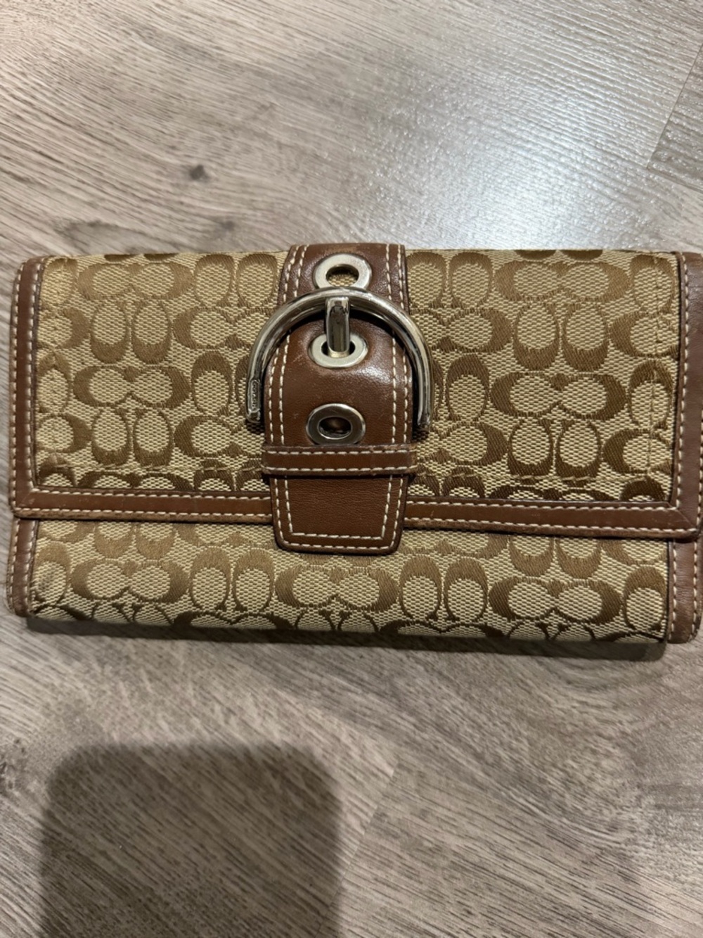 Coach Tan/Brown Signature Canvas Wallet with Buckle Accent